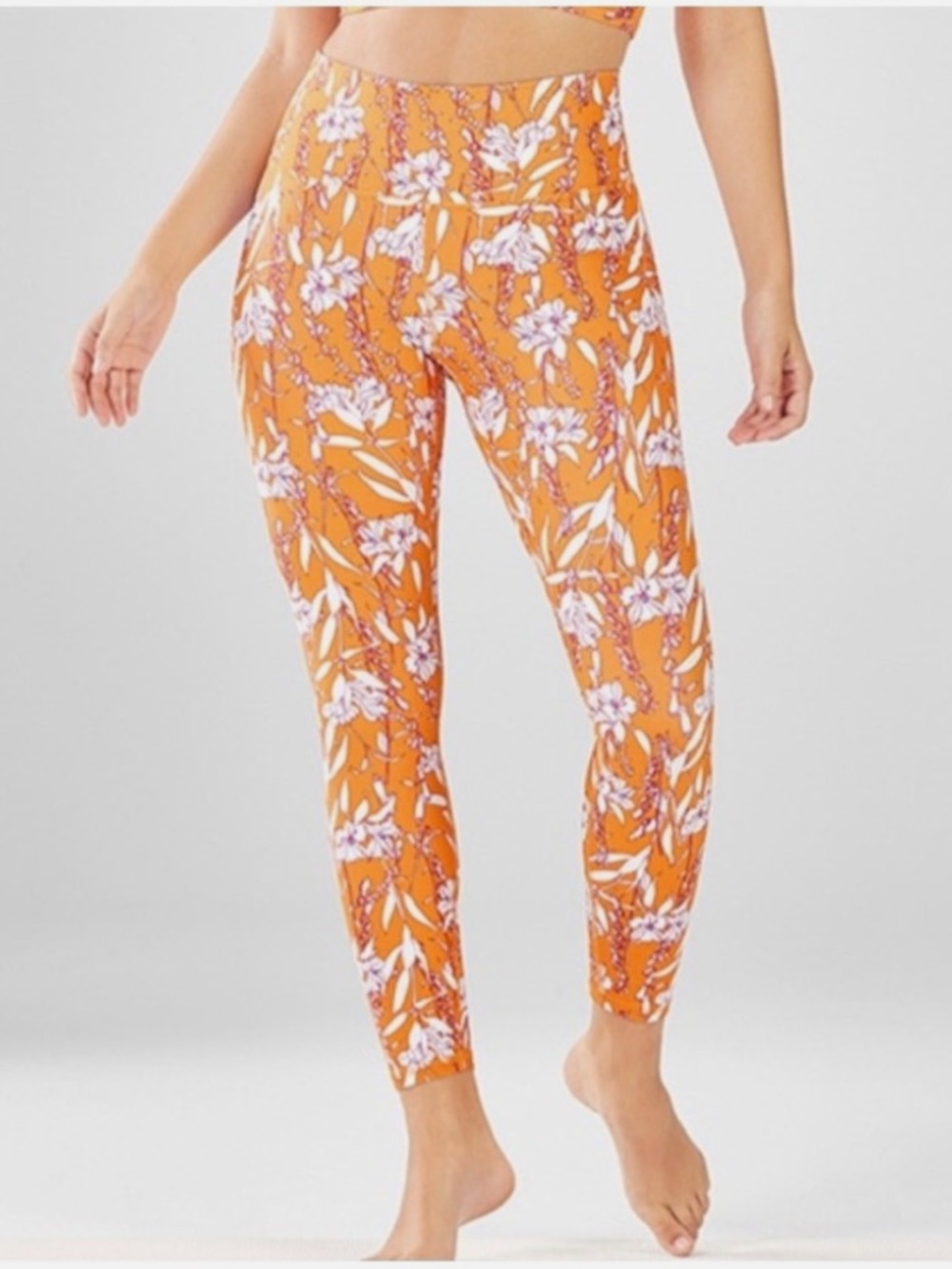 Fabletics Yellow White Floral High Waisted Cropped Leggings Size Medium Gym